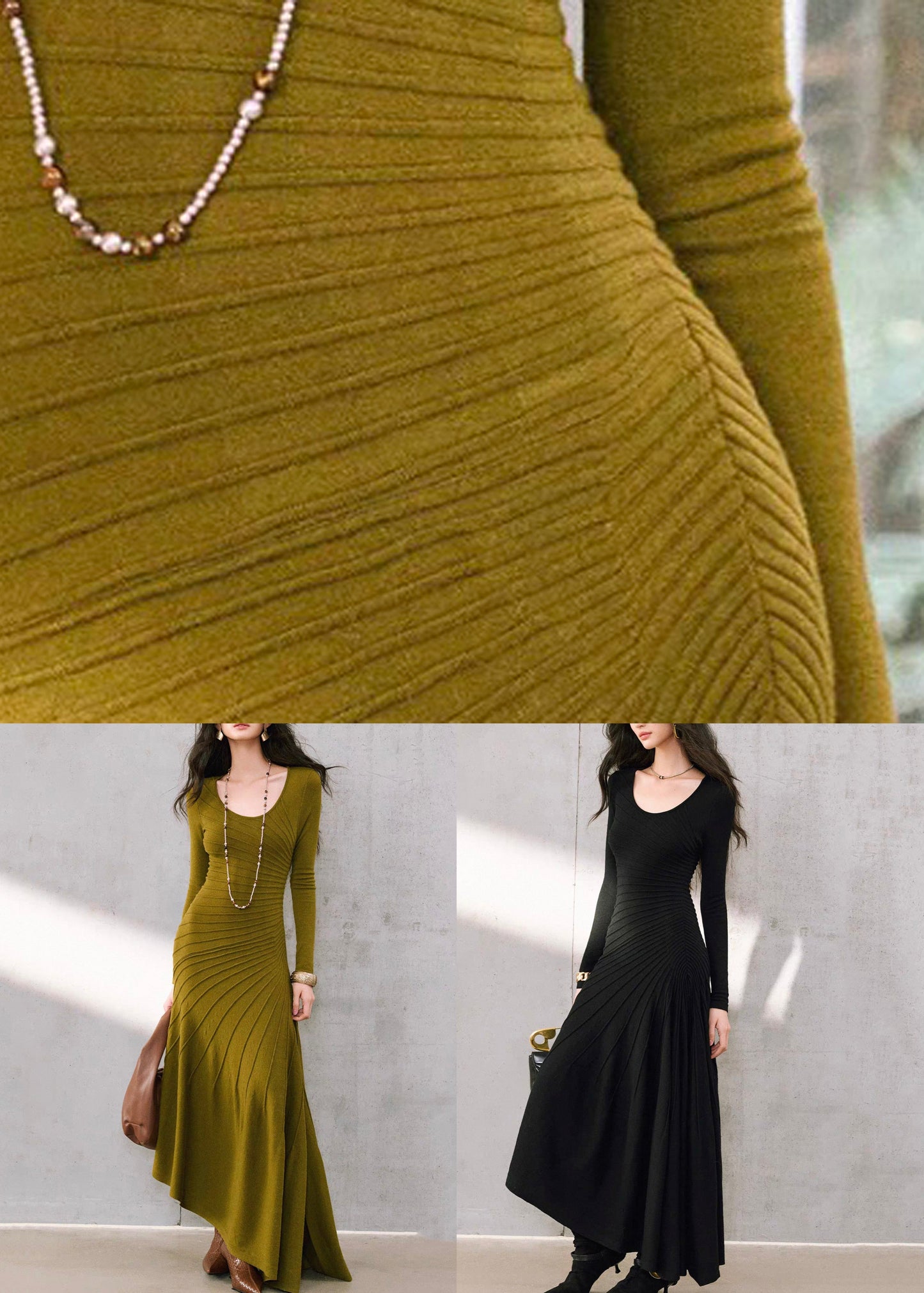 Slim Fit Green O-Neck Asymmetrical Maxi Fishtail Dress Long Sleeve