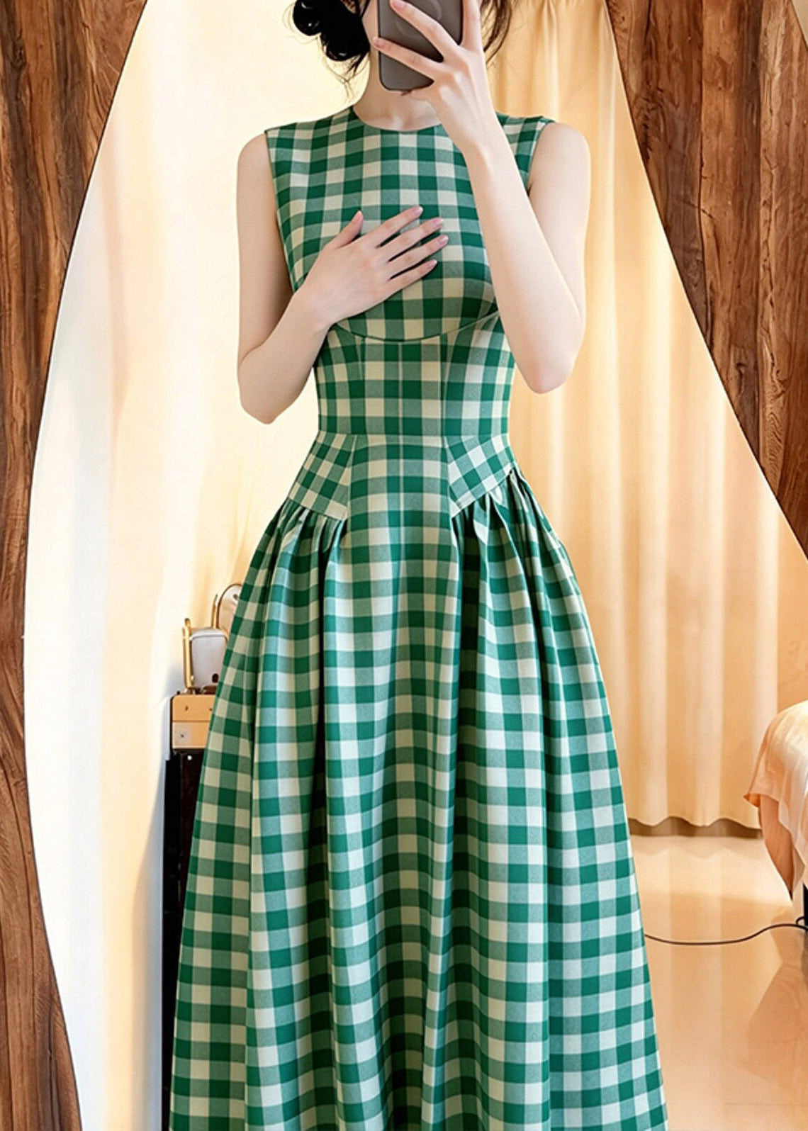 Slim Fit Green O-Neck Plaid Tunic Long Dresses Summer