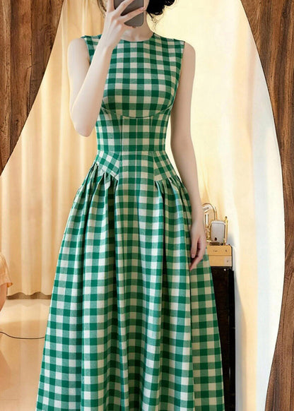 Slim Fit Green O-Neck Plaid Tunic Long Dresses Summer