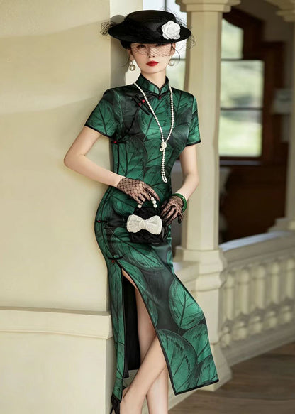Slim Fit Green Print Stand Collar Chinese Buttons Maxi Dresses Short Sleeve