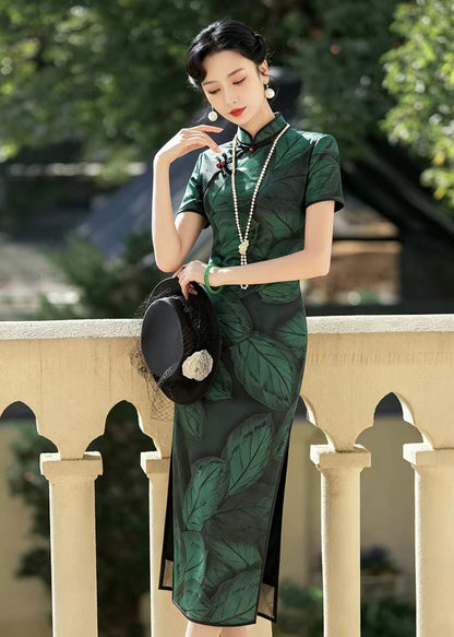 Slim Fit Green Print Stand Collar Chinese Buttons Maxi Dresses Short Sleeve