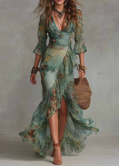 Slim Fit Green Ruffled Patchwork Asymmetrical Maxi Dresses Fall