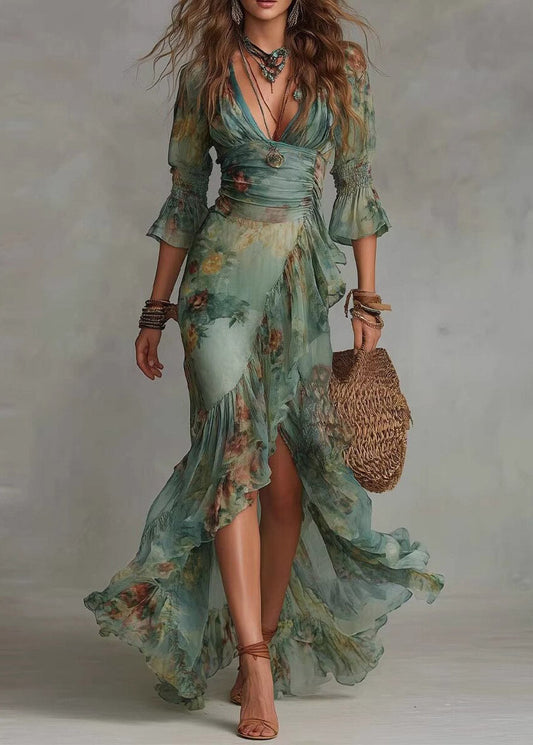Slim Fit Green Ruffled Patchwork Asymmetrical Maxi Dresses Fall