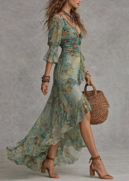 Slim Fit Green Ruffled Patchwork Asymmetrical Maxi Dresses Fall