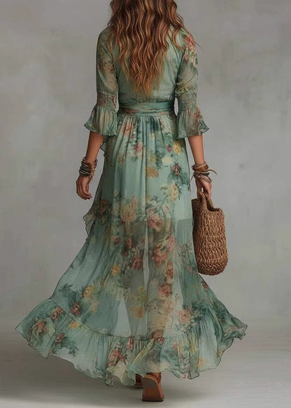 Slim Fit Green Ruffled Patchwork Asymmetrical Maxi Dresses Fall