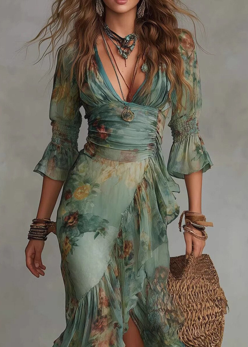 Slim Fit Green Ruffled Patchwork Asymmetrical Maxi Dresses Fall