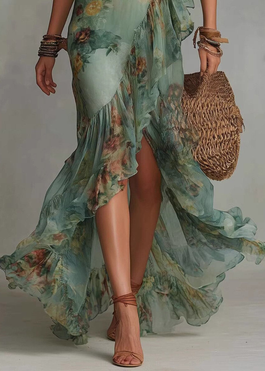 Slim Fit Green Ruffled Patchwork Asymmetrical Maxi Dresses Fall