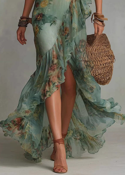 Slim Fit Green Ruffled Patchwork Asymmetrical Maxi Dresses Fall