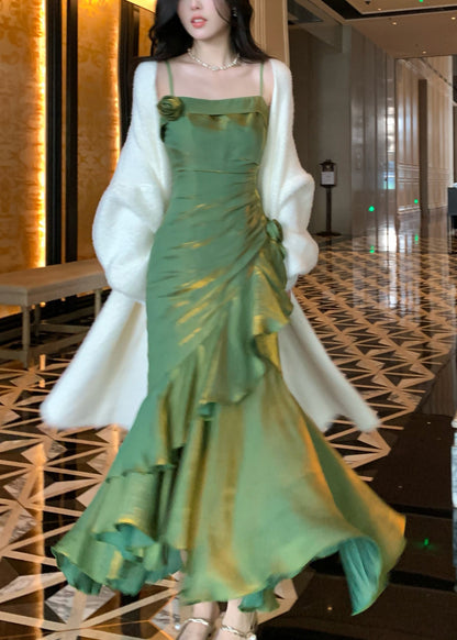 Slim Fit Green Ruffled Silk Spaghetti Strap Dress Sleeveless