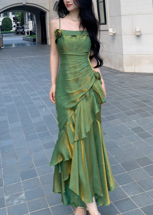 Slim Fit Green Ruffled Silk Spaghetti Strap Dress Sleeveless