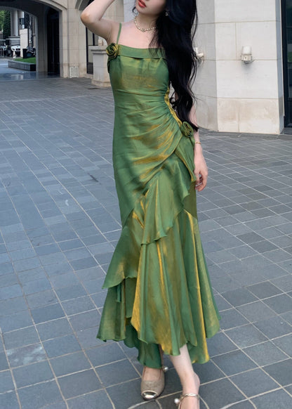 Slim Fit Green Ruffled Silk Spaghetti Strap Dress Sleeveless