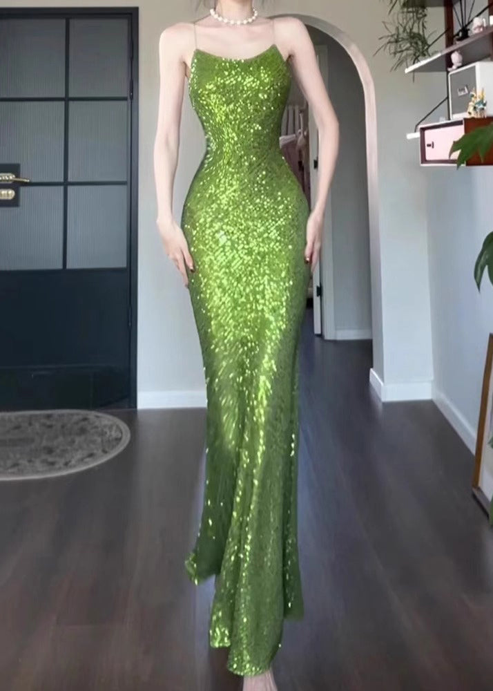 Slim Fit Green Sequins Solid Spaghetti Strap Dress Sleeveless