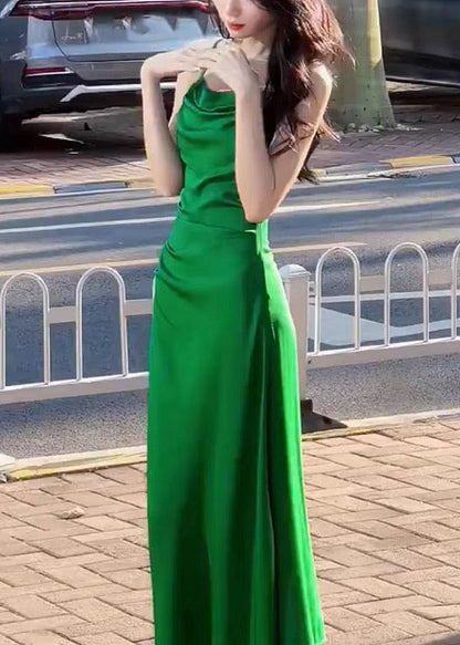 Slim Fit Green Square Collar High Waist Cotton Spaghetti Strap Dress Sleeveless