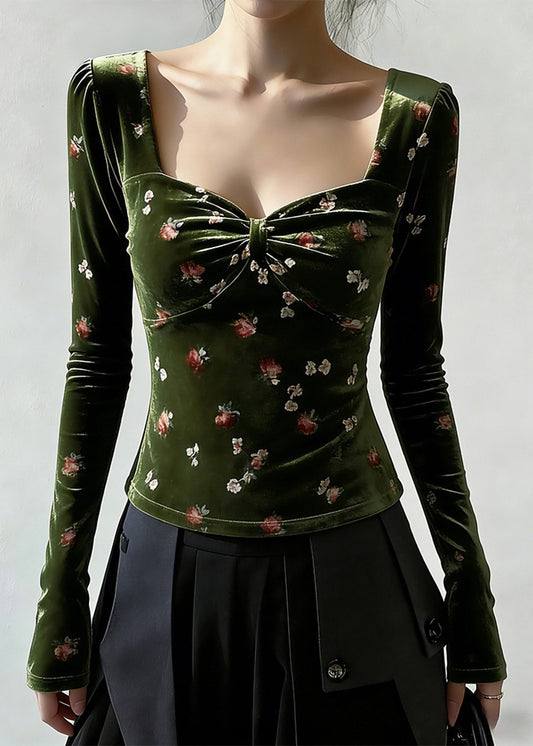 Slim Fit Green Square Collar Print Silk Velour T Shirt Spring