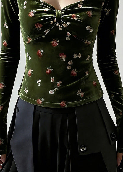 Slim Fit Green Square Collar Print Silk Velour T Shirt Spring