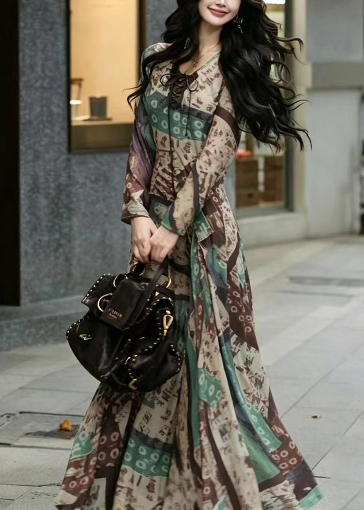 Slim Fit Green V Neck Cross Strap Print Vacation Dresses Long Sleeve