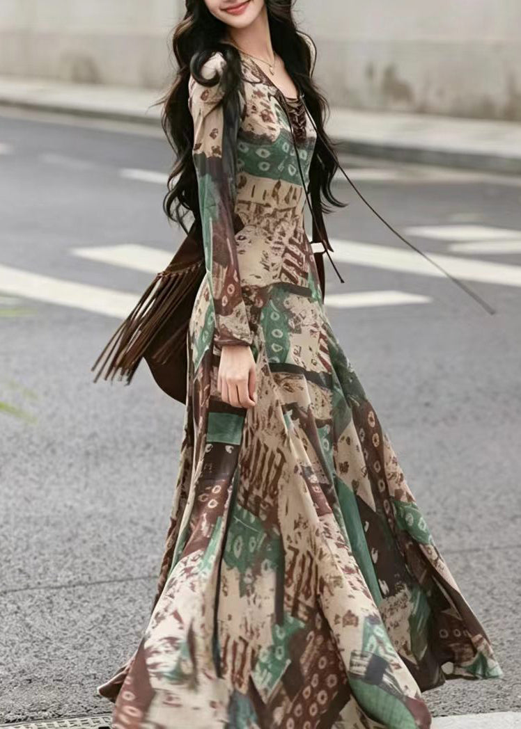 Slim Fit Green V Neck Cross Strap Print Vacation Dresses Long Sleeve