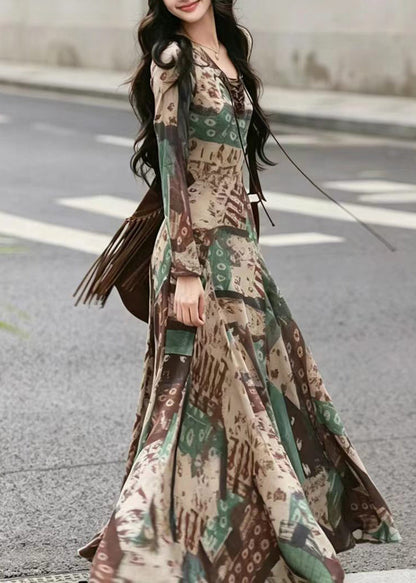 Slim Fit Green V Neck Cross Strap Print Vacation Dresses Long Sleeve