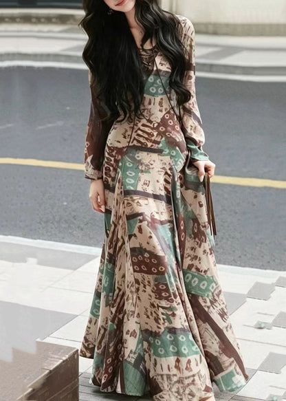 Slim Fit Green V Neck Cross Strap Print Vacation Dresses Long Sleeve