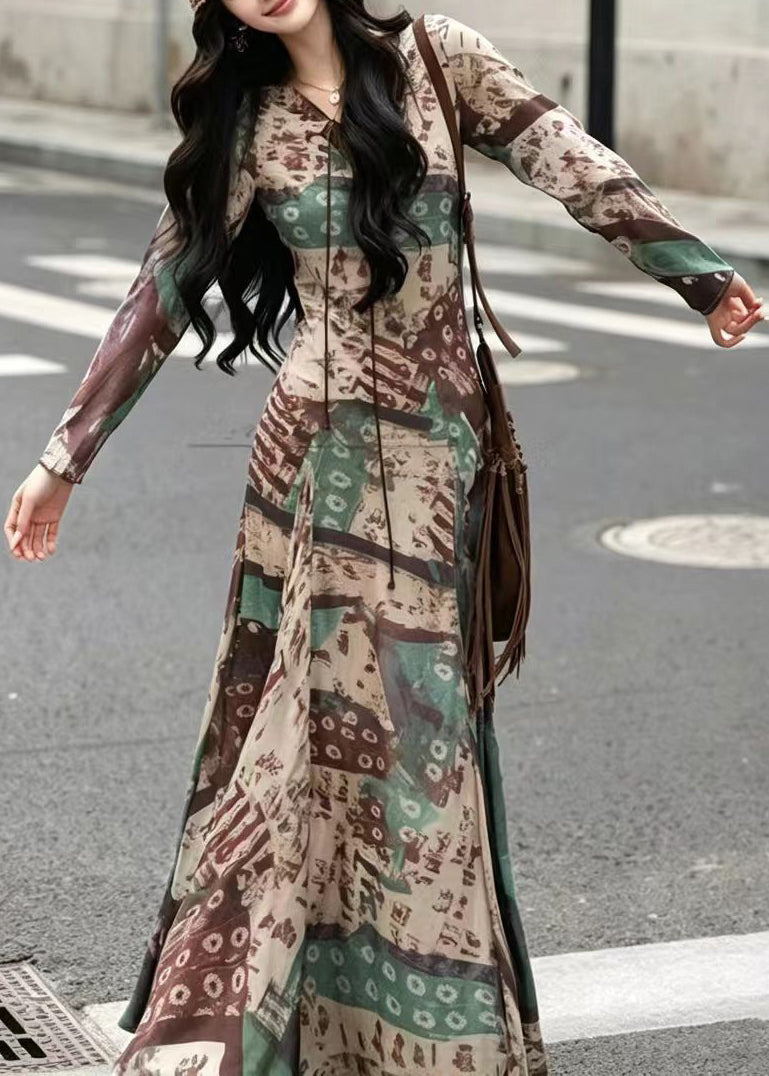 Slim Fit Green V Neck Cross Strap Print Vacation Dresses Long Sleeve
