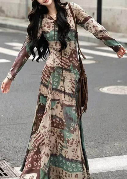 Slim Fit Green V Neck Cross Strap Print Vacation Dresses Long Sleeve