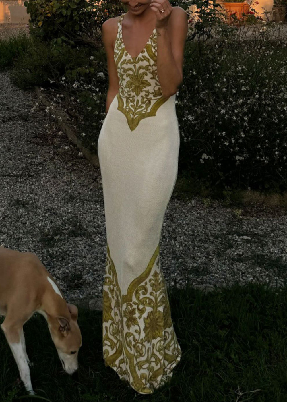 Slim Fit Green V Neck Print Cotton Maxi Dresses Sleeveless