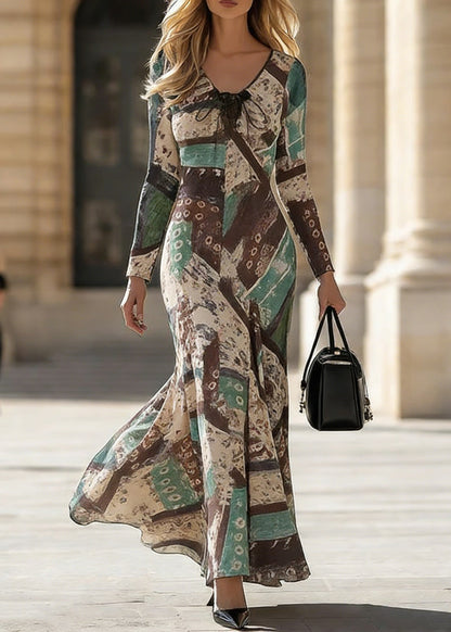 Slim Fit Green V Neck Print Long Dress Spring