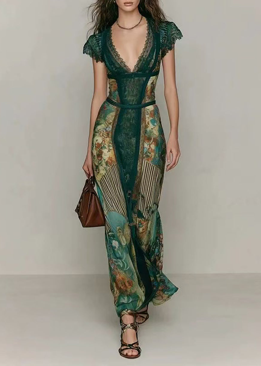 Slim Fit Green V Neck Print Patchwork Chiffon Vacation Dresses Summer
