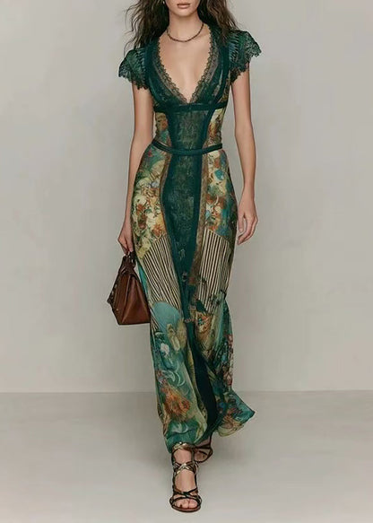 Slim Fit Green V Neck Print Patchwork Chiffon Vacation Dresses Summer