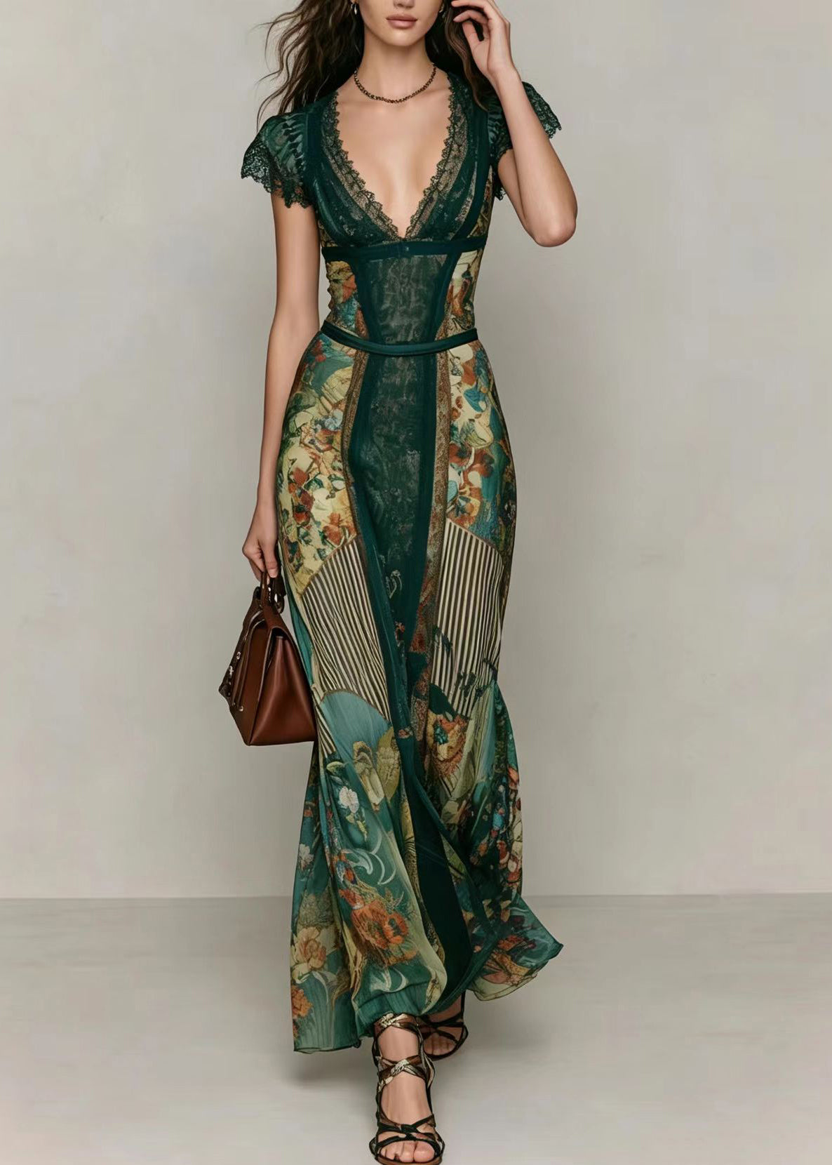 Slim Fit Green V Neck Print Patchwork Chiffon Vacation Dresses Summer