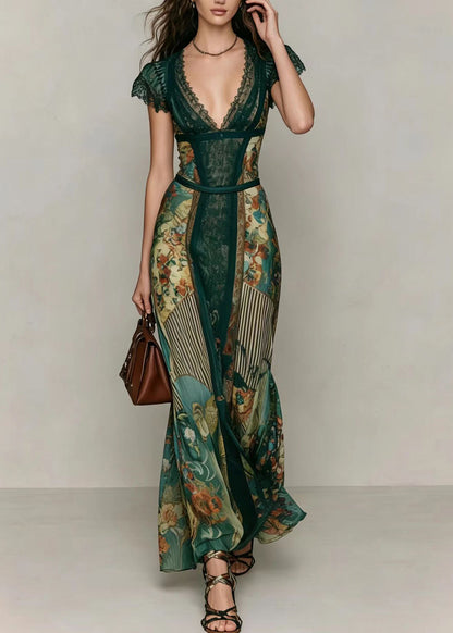 Slim Fit Green V Neck Print Patchwork Chiffon Vacation Dresses Summer