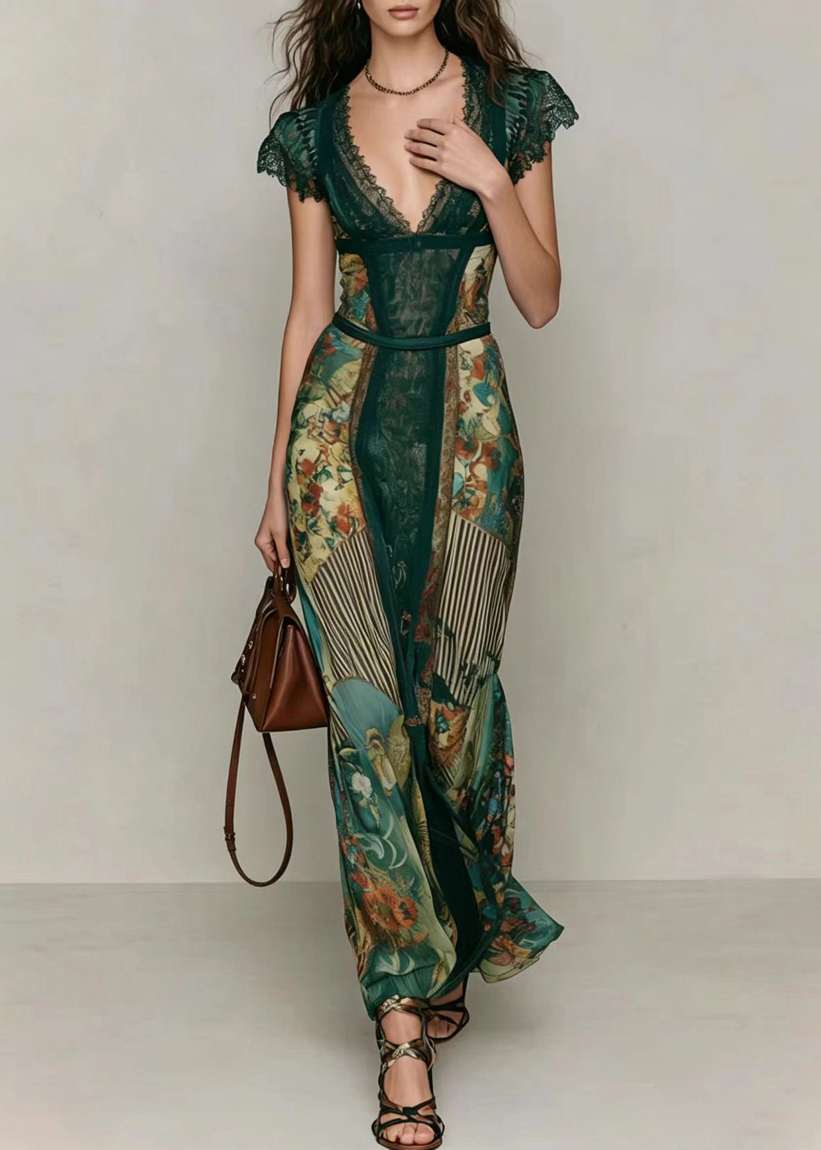 Slim Fit Green V Neck Print Patchwork Chiffon Vacation Dresses Summer