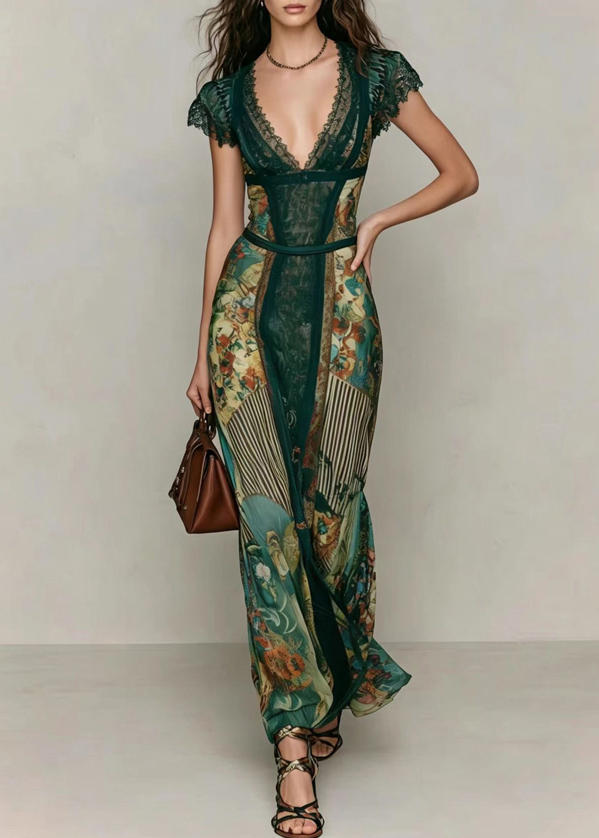 Slim Fit Green V Neck Print Patchwork Chiffon Vacation Dresses Summer