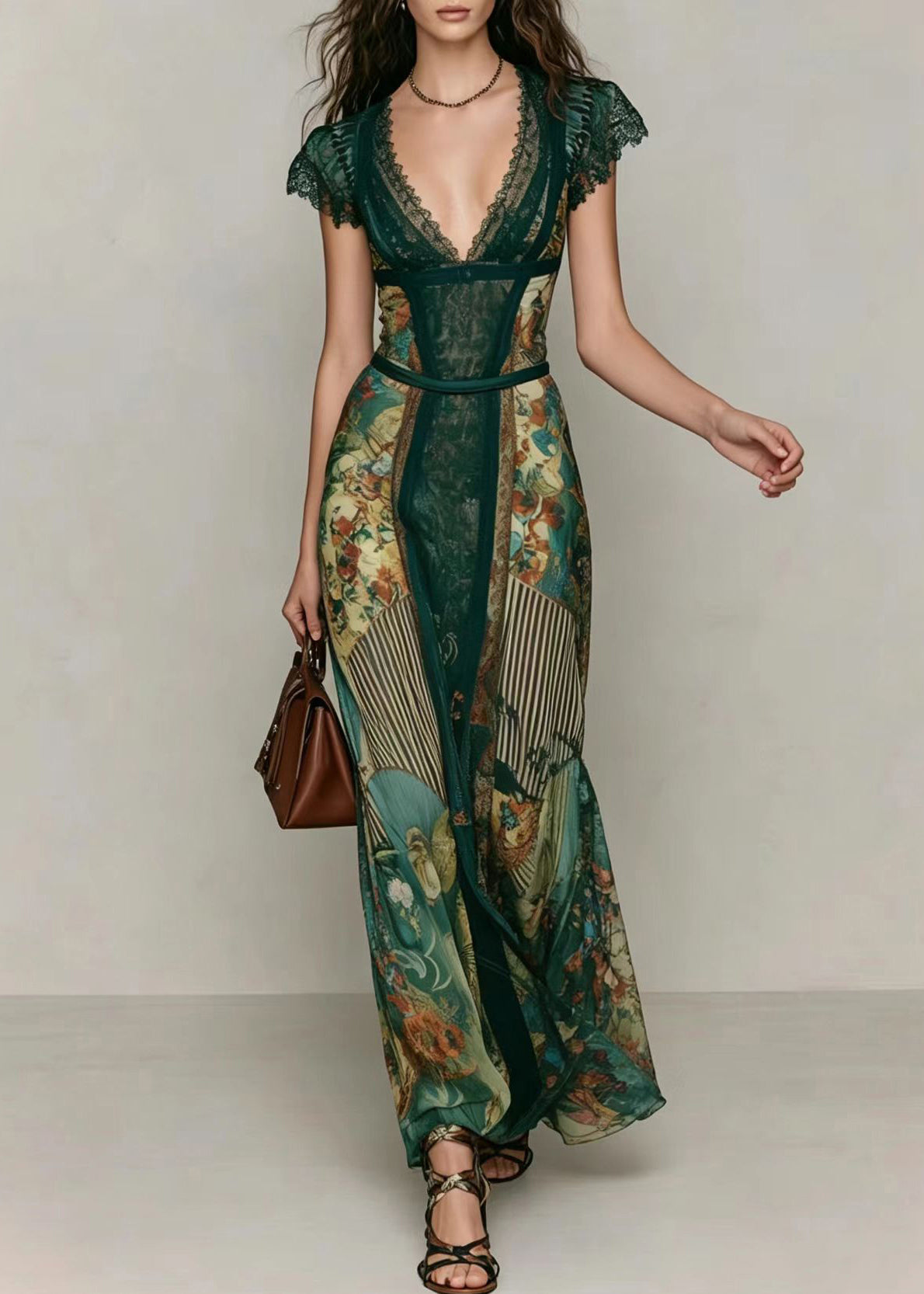 Slim Fit Green V Neck Print Patchwork Chiffon Vacation Dresses Summer