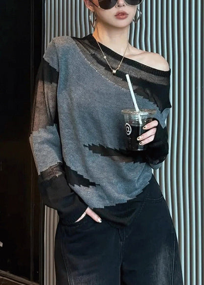 Slim Fit Grey Asymmetrical Patchwork Thin Knit Sweater Fall