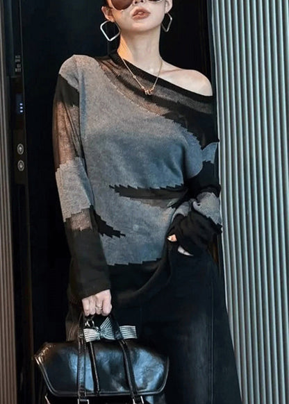 Slim Fit Grey Asymmetrical Patchwork Thin Knit Sweater Fall