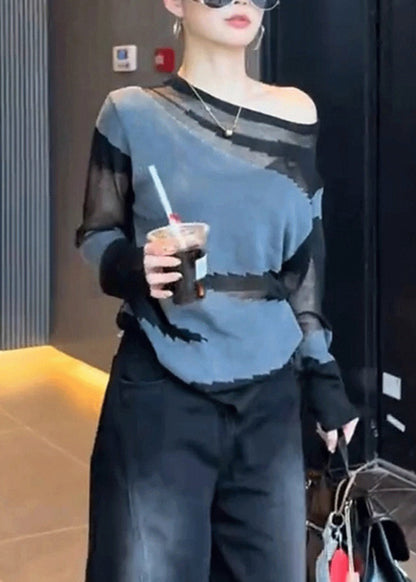 Slim Fit Grey Asymmetrical Patchwork Thin Knit Sweater Fall