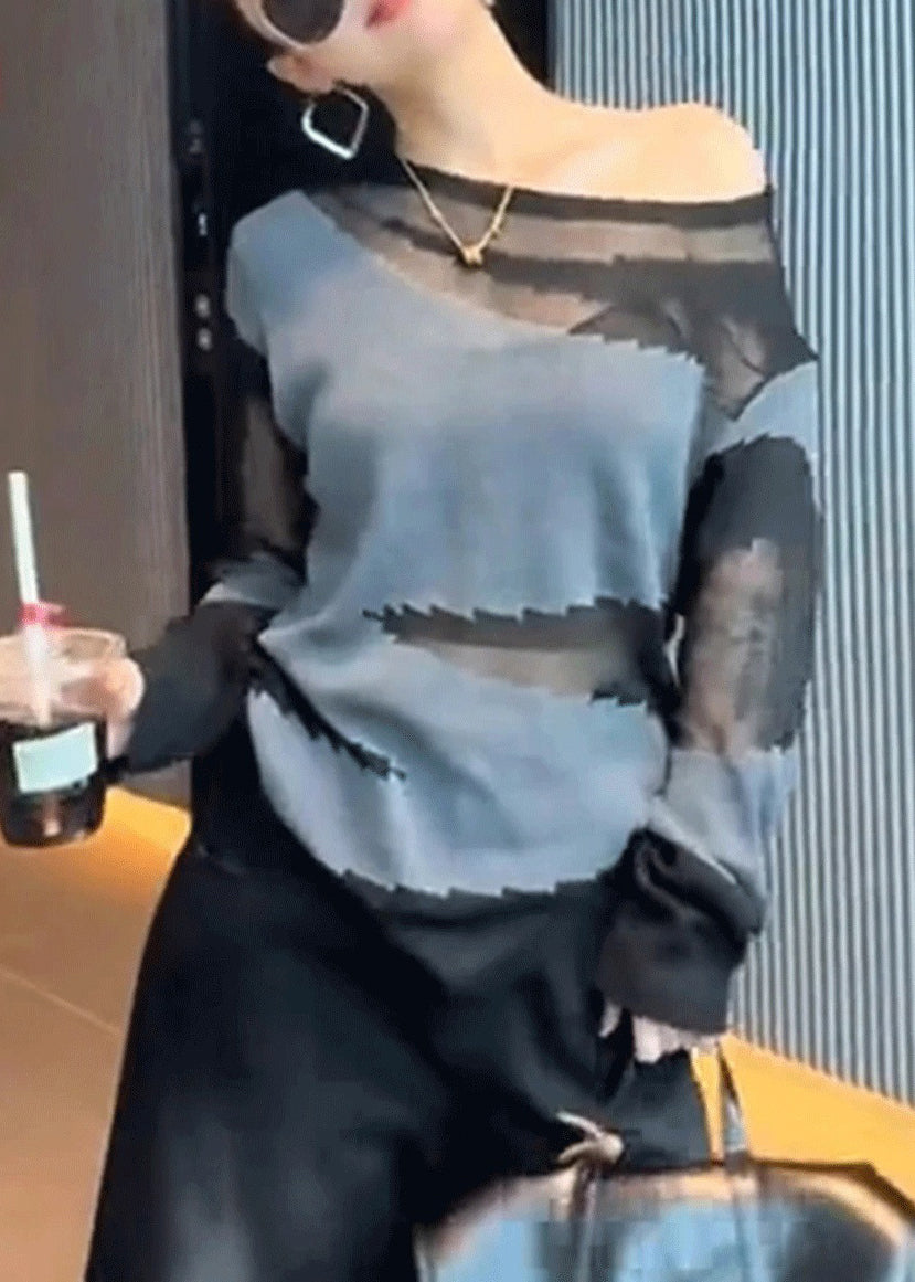 Slim Fit Grey Asymmetrical Patchwork Thin Knit Sweater Fall