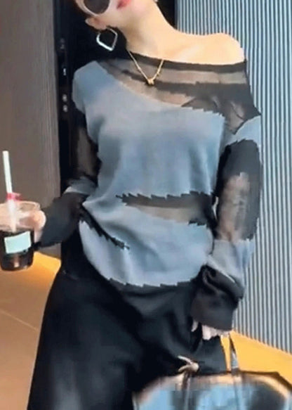 Slim Fit Grey Asymmetrical Patchwork Thin Knit Sweater Fall