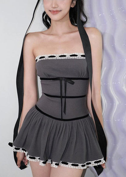 Slim Fit Grey Cold Shoulder Bow Cotton Mini Dress Sleeveless