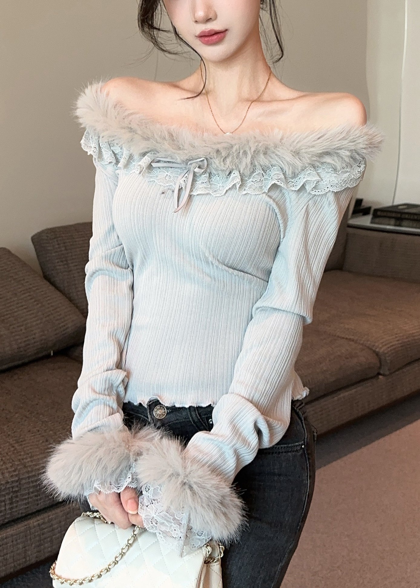 Slim Fit Grey Fur Collar Lace Patchwork Cotton T Shirt Winter