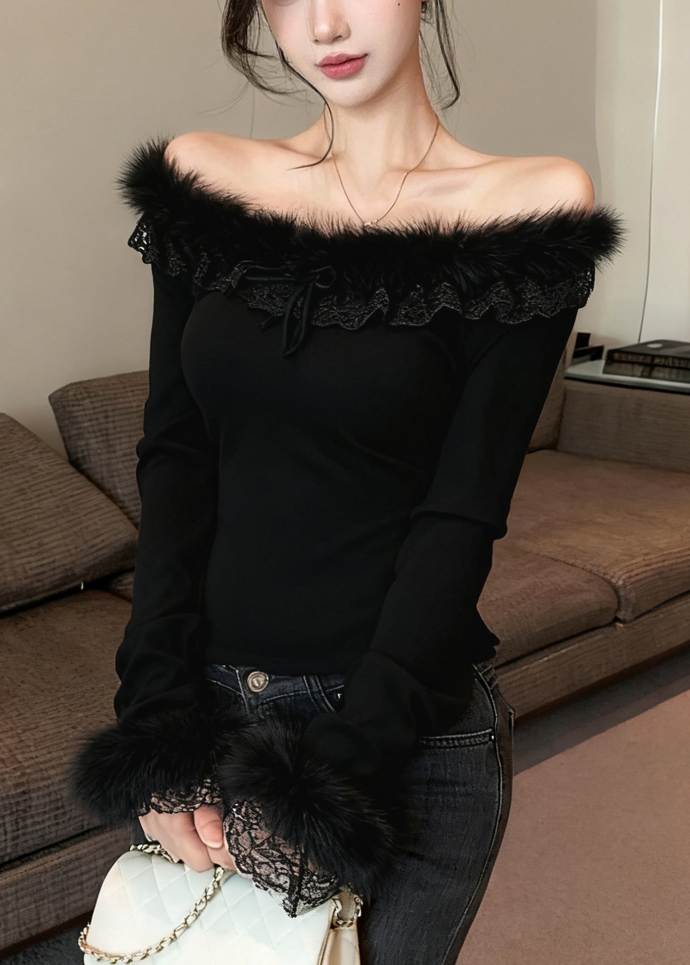 Slim Fit Grey Fur Collar Lace Patchwork Cotton T Shirt Winter