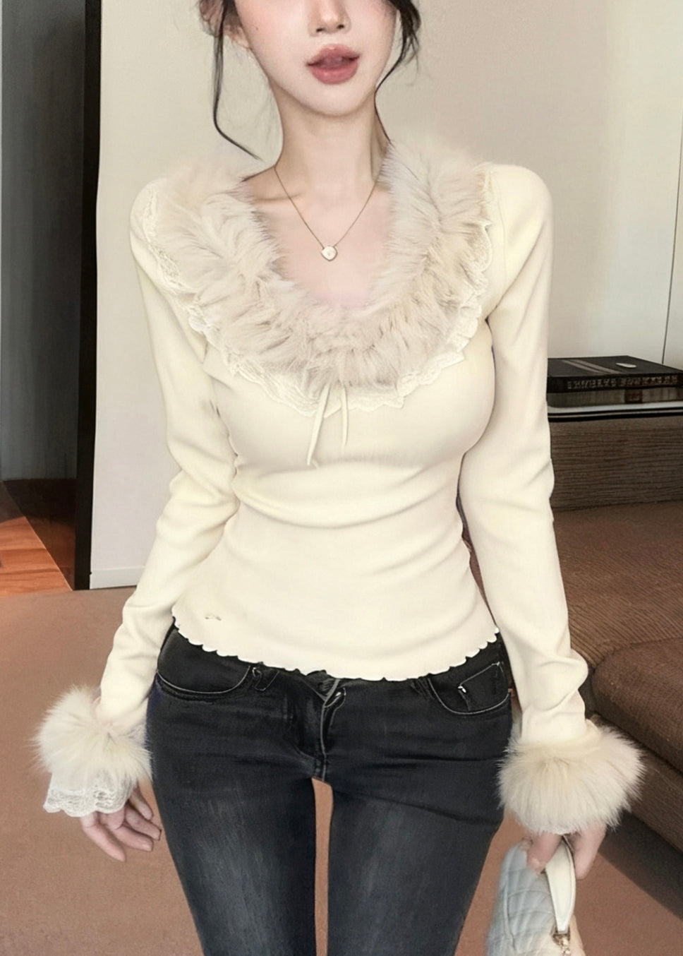 Slim Fit Grey Fur Collar Lace Patchwork Cotton T Shirt Winter