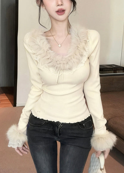 Slim Fit Grey Fur Collar Lace Patchwork Cotton T Shirt Winter