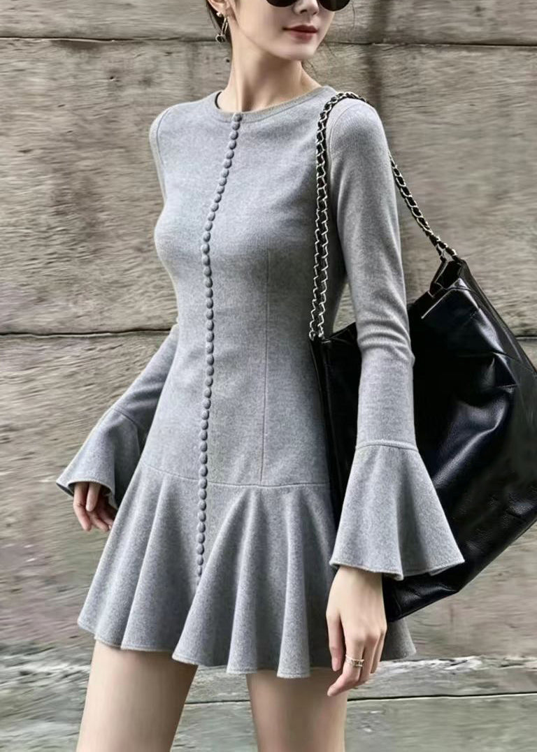 Slim Fit Grey O-Neck Mini Dress Flare Sleeve