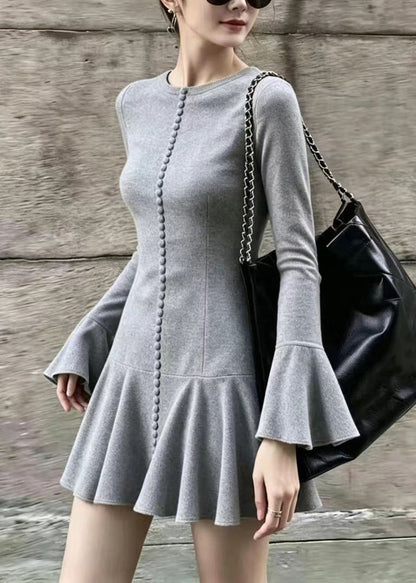 Slim Fit Grey O-Neck Mini Dress Flare Sleeve