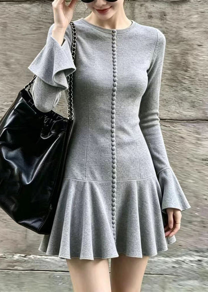 Slim Fit Grey O-Neck Mini Dress Flare Sleeve