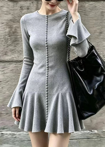 Slim Fit Grey O-Neck Mini Dress Flare Sleeve