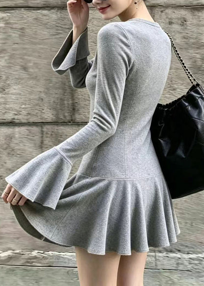 Slim Fit Grey O-Neck Mini Dress Flare Sleeve