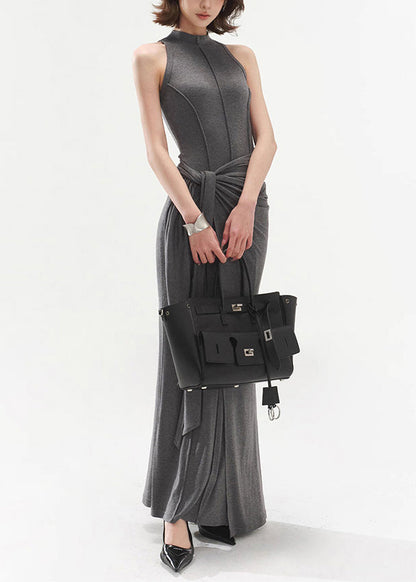 Slim Fit Grey Original Design Tie Waist Cotton Long Dresses Sleeveless